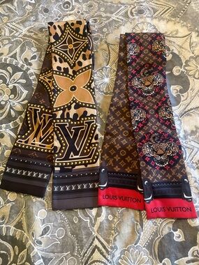 ❌❌SOLD ❌❌ Two Louis Vuitton Brown Red Monogram Silk Bandeaus with Tiger Motif